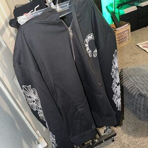 Chrome Hearts Horseshoe Floral Cross-Sleeve Zip-Up Hoodie in black mens xl nwt